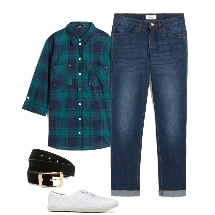 Outfit femme - Chemise a carreaux. Style Basique pour Tous les jours. Assortir avec jean coupe droite, sneakers, chemisiers, ceintures.