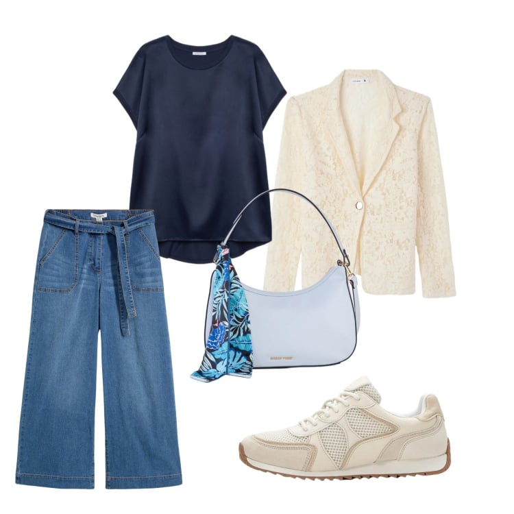Outfit donna - Tutti i giorni. Stile Casual per Tutti i giorni. Abbinamento con jeans, sneakers alte, borse a mano, blazer, bluse.