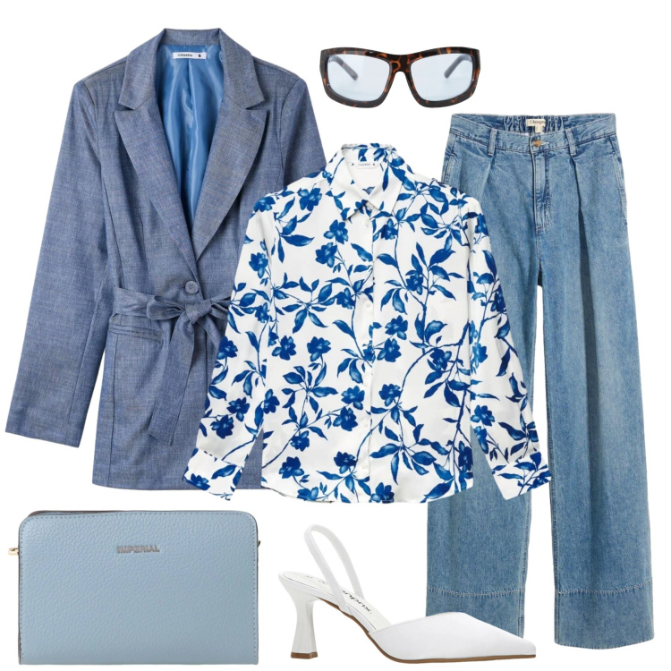 Outfit donna - La camicia a fiori. Stile Casual chic per Tutti i giorni. Abbinamento con jeans, décolleté, camicie, blazer, occhiali da sole, borse a tracolla.