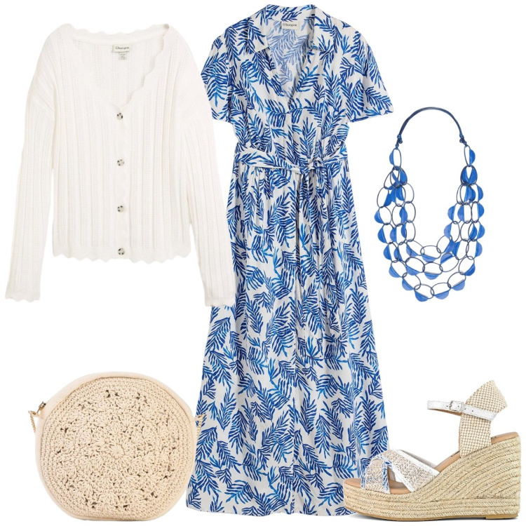 Outfit donna - Total look #2402833. Stile Casual per Tutti i giorni. Abbinamento con vestiti lunghi, borse a tracolla, cardigans, collane, zeppe.