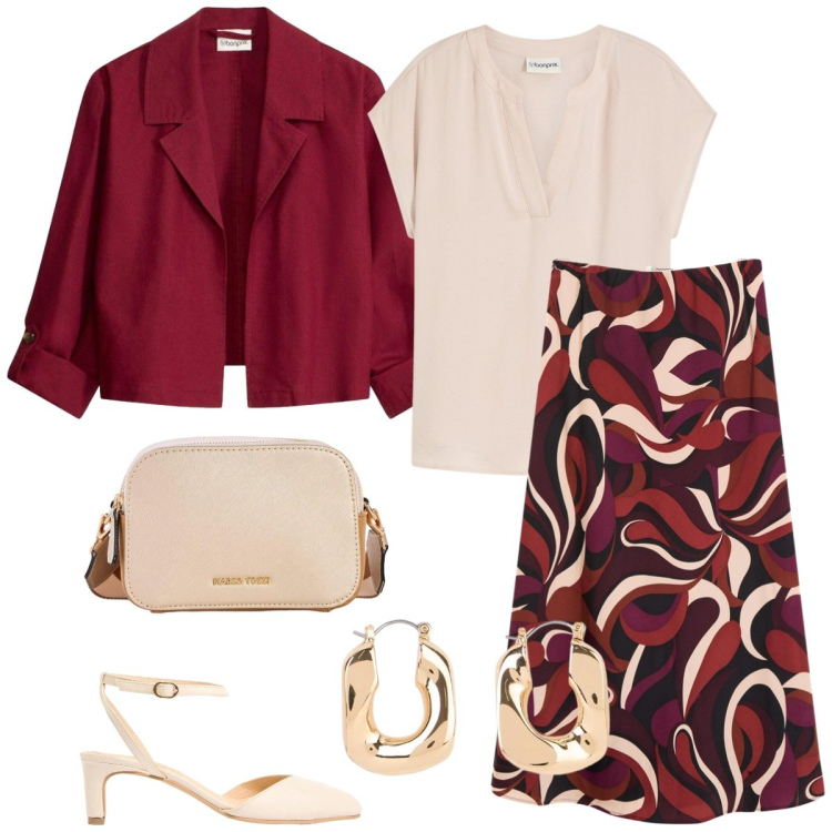 Outfit donna - Total look #2402834. Stile Casual chic per Tutti i giorni. Abbinamento con bluse, gonne longuette, orecchini, borse a tracolla, décolleté, blazer.