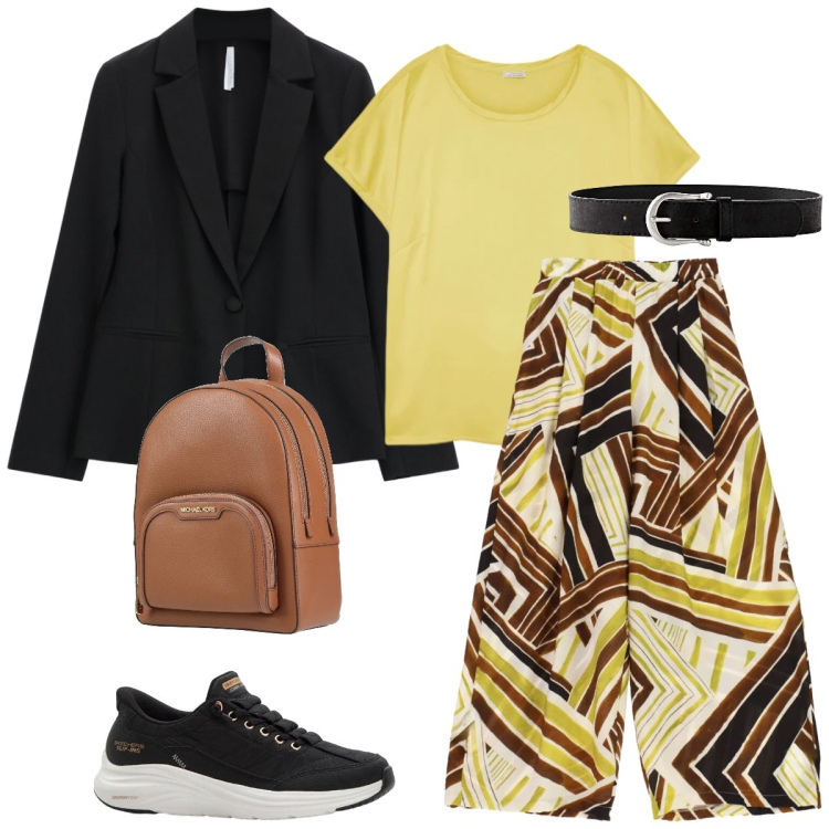Outfit donna - Total look #2402837. Stile Casual chic per Scuola/Università. Abbinamento con zaini, sneakers, cinture, blazer, pantaloni a palazzo, t-shirt.