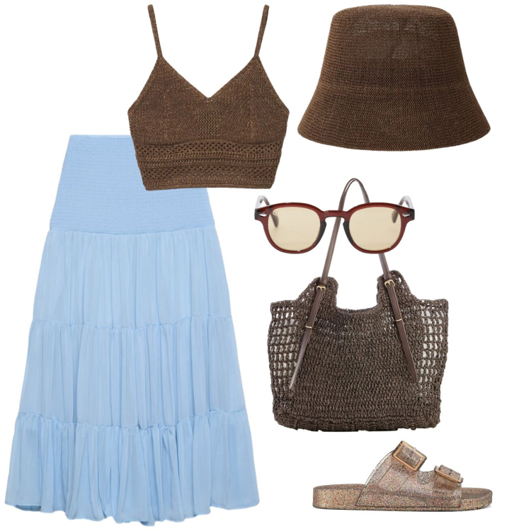 Outfit donna - All\'aperto al mare. per Mare. Abbinamento con shopping bag, top, gonne lunghe, occhiali da sole, cappelli, sandali.