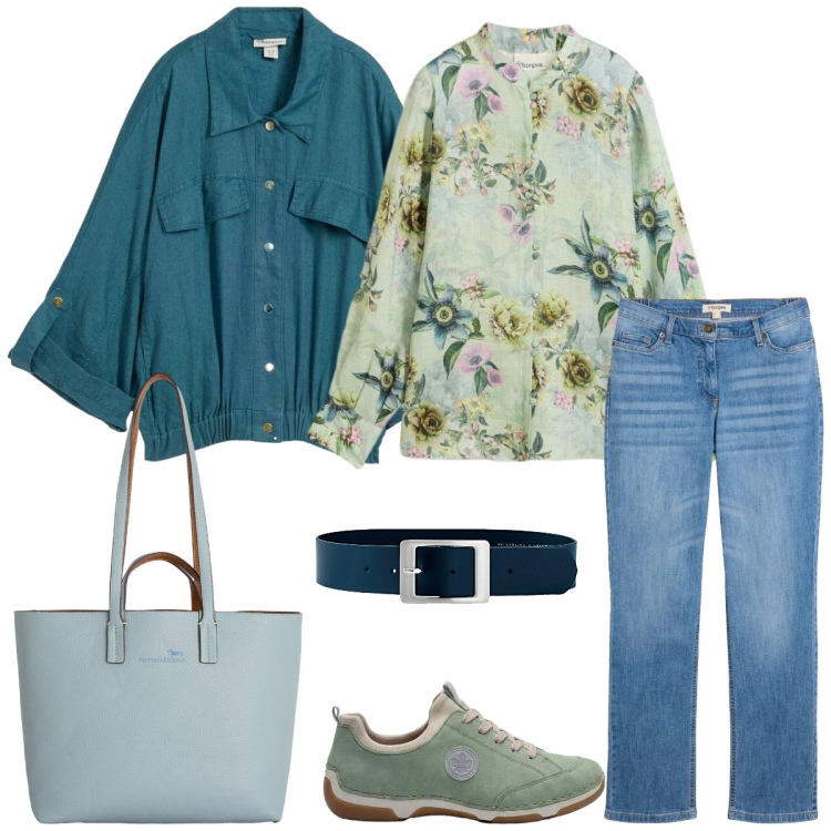 Outfit donna - Total look #2402841. Stile Casual chic per Tutti i giorni. Abbinamento con bluse, sneakers, bomber, cinture, jeans dritti, shopping bag.