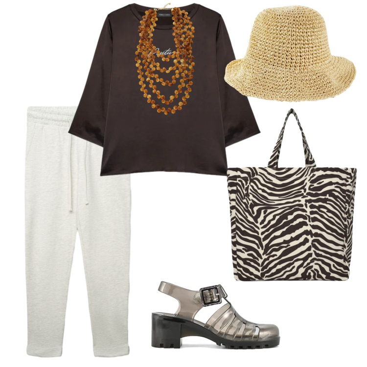 Outfit donna - Tempo libero mare. per Mare. Abbinamento con cappelli, shopping bag, pantaloni, collane, bluse, sandali col tacco.
