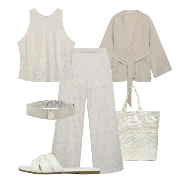 Outfit donna - Sangallo bohémien. Stile Boho per Tutti i giorni. Abbinamento con top, pantaloni, shopping bag, kimono, ciabatte, cinture.