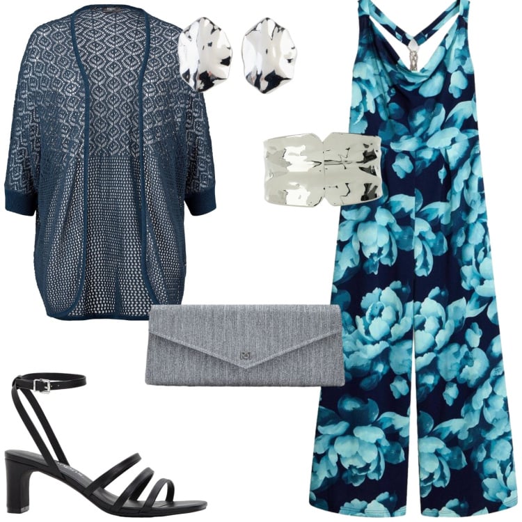 Outfit donna - La tuta elegante. Stile Glamour per Serata fuori. Abbinamento con cardigans, sandali col tacco, tute, orecchini, pochette, braccialetti.