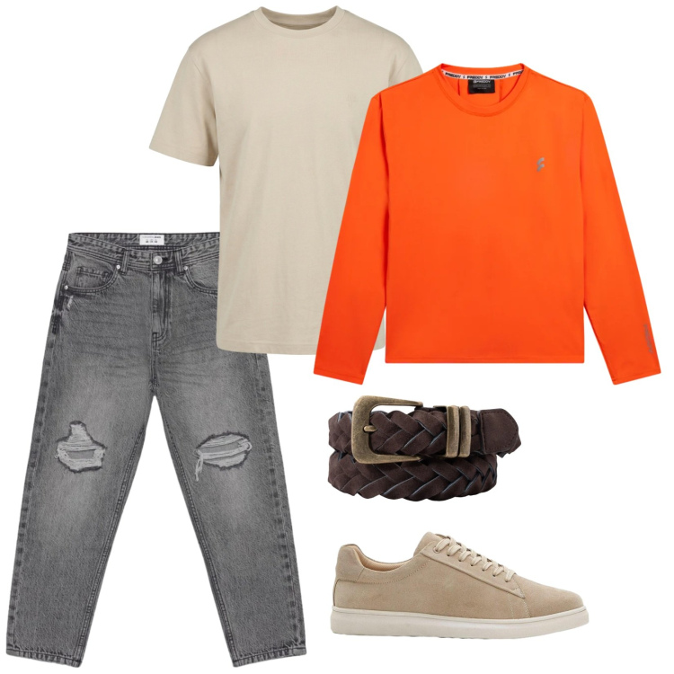 Outfit uomo - Pull arancione. per Tutti i giorni. Abbinamento con sneakers, jeans strappati, t-shirt, t-shirt, cinture.