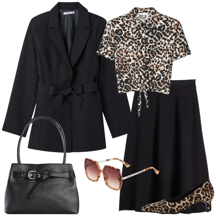 Outfit donna - Total look #2402854. Stile Casual chic per Tutti i giorni. Abbinamento con décolleté, borse a mano, gonne longuette, occhiali da sole, camicie a manica corta, blazer.