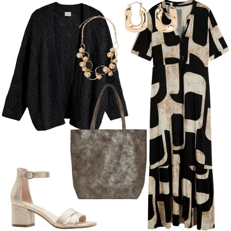 Outfit donna - Elegante e comodo. Stile Glamour per Serata fuori. Abbinamento con vestiti lunghi, orecchini, sandali col tacco, cardigans, shopping bag, collane.