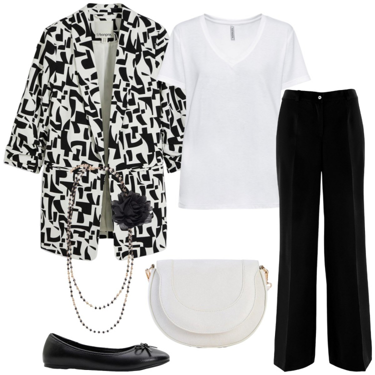 Outfit donna - Total look #2402856. Stile Casual chic per Tutti i giorni. Abbinamento con pantaloni, blazer, t-shirt, ballerine, borse a tracolla, collane.