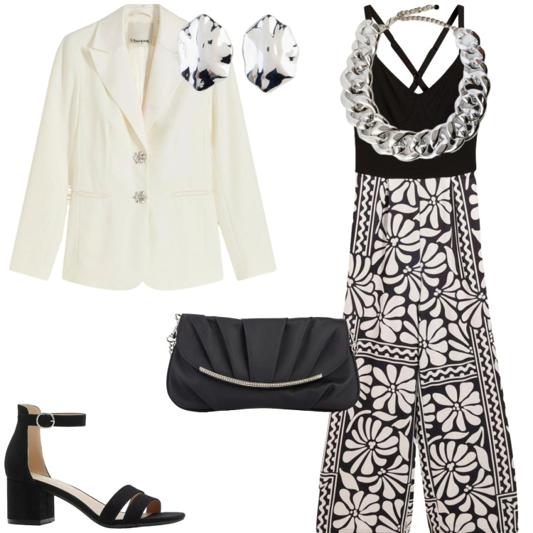 Outfit donna - L\'outfit per una serata fuori. Stile Glamour per Serata fuori. Abbinamento con tute, blazer, sandali col tacco, clutch, orecchini, collane.