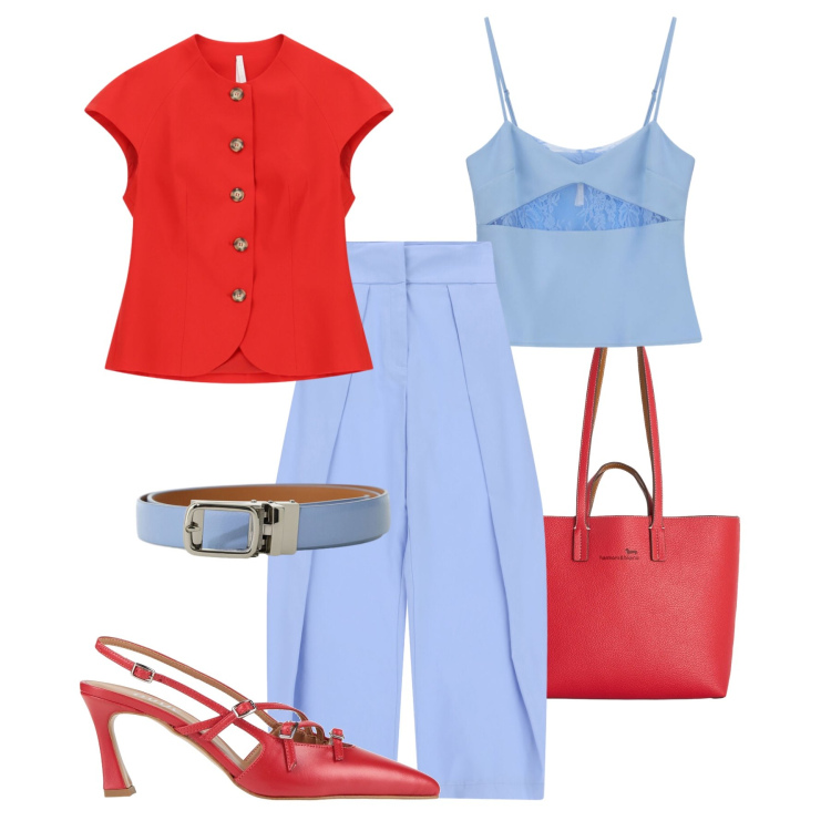 Outfit donna - Serata color block. Stile Chic per Serata fuori. Abbinamento con décolleté, shopping bag, pantaloni a palazzo, canottiere, cinture, blazer.