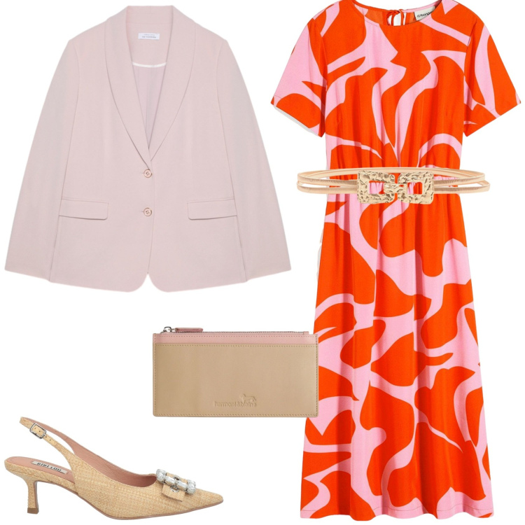 Outfit donna - Un outfit per la primavera. Stile Trendy per Serata fuori. Abbinamento con décolleté, vestiti midi/longuette, portafogli, cinture, blazer.