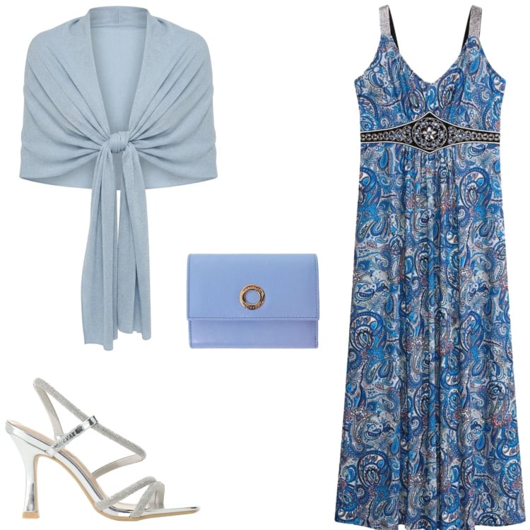Outfit donna - L\'abito lungo con applicazioni. Stile Glamour per Serata fuori. Abbinamento con vestiti lunghi, stole, portafogli, sandali col tacco.