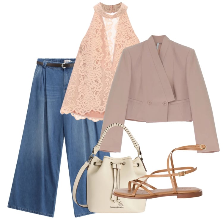 Outfit donna - Charme in jeans. Stile Casual chic per Tutti i giorni. Abbinamento con borse a secchiello, sandali in pelle, jeans, blazer, canottiere.