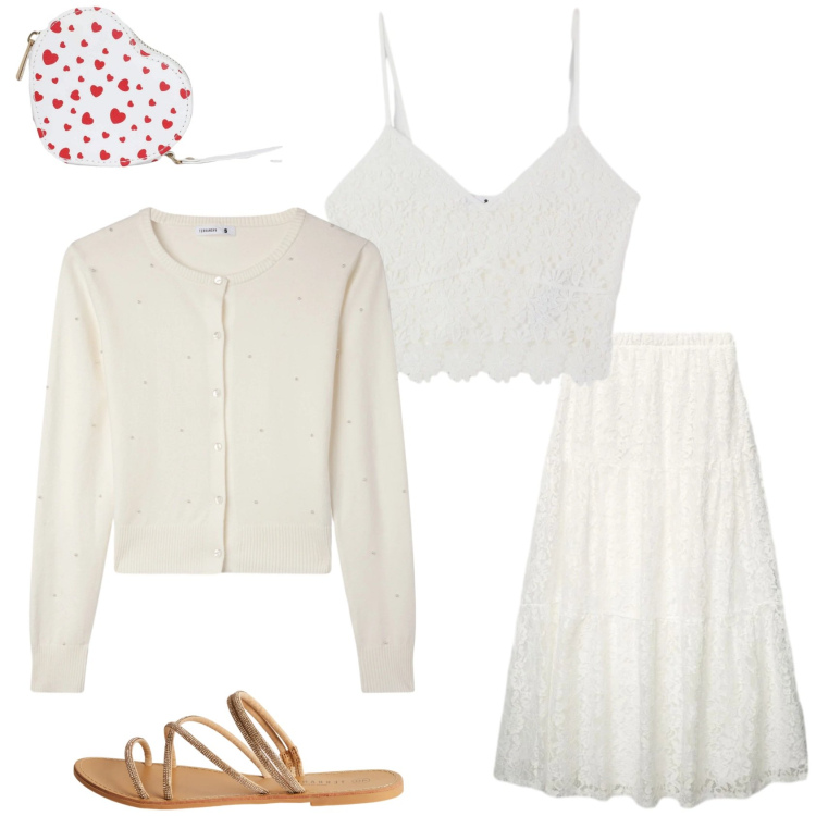 Outfit donna - Terranova White boho mood. Stile Boho per Tutti i giorni. Abbinamento con portafogli, sandali, cardigans, gonne lunghe, top.