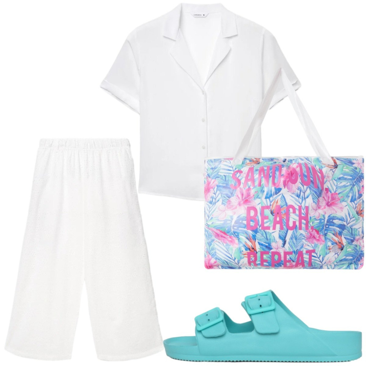 Outfit donna - Terranova White. Stile Boho per Mare. Abbinamento con pantaloni, camicie a manica corta, borse tote, ciabatte.