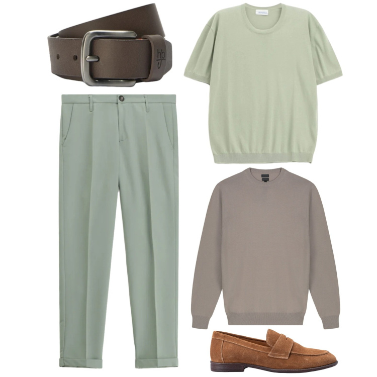 Outfit uomo - Light green. Stile Casual per Tutti i giorni. Abbinamento con t-shirt, pantaloni, cinture, maglieria, scarpe stringate.