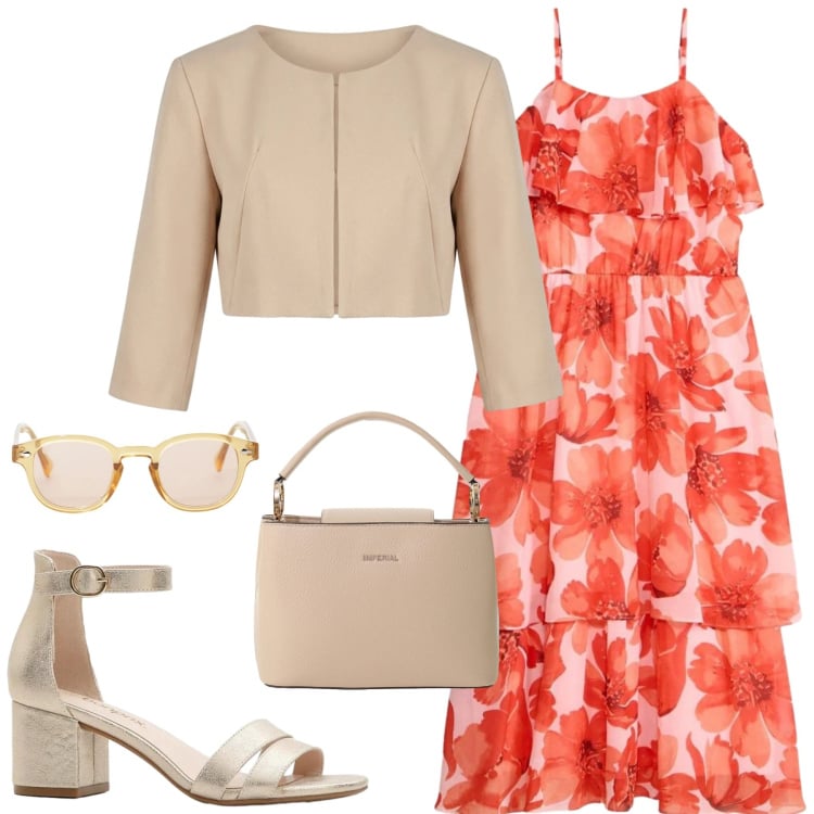 Outfit donna - “Fiori di Corallo”. Stile Romantica per Cerimonia. Abbinamento con sandali col tacco, vestiti, cinture, occhiali da sole, borse a secchiello, bolero.