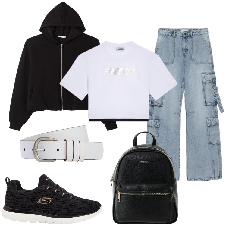 Outfit donna - Total look #2402911. Stile Urban per Scuola/Università. Abbinamento con sneakers, cinture, jeans, felpe con cappuccio, zaini, t-shirt.