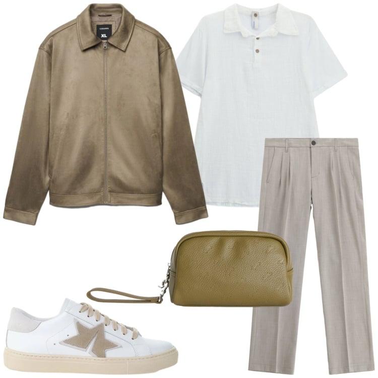 Outfit uomo - Nel weekend. Stile Trendy per Tutti i giorni. Abbinamento con giacche, borse sportive, pantaloni, polo, sneakers.