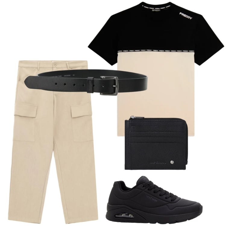 Outfit uomo - Bicolor. Stile Urban per Tutti i giorni. Abbinamento con sneakers, pantaloni cargo, portafogli, cinture, t-shirt.