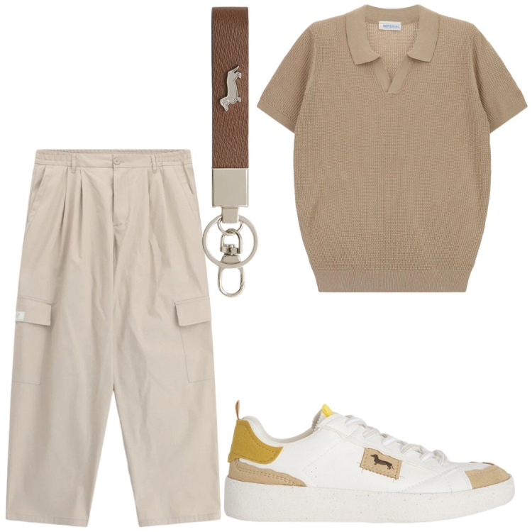 Outfit uomo - Relax. Stile Casual per Tutti i giorni. Abbinamento con pantaloni cargo, t-shirt, portachiavi, sneakers.