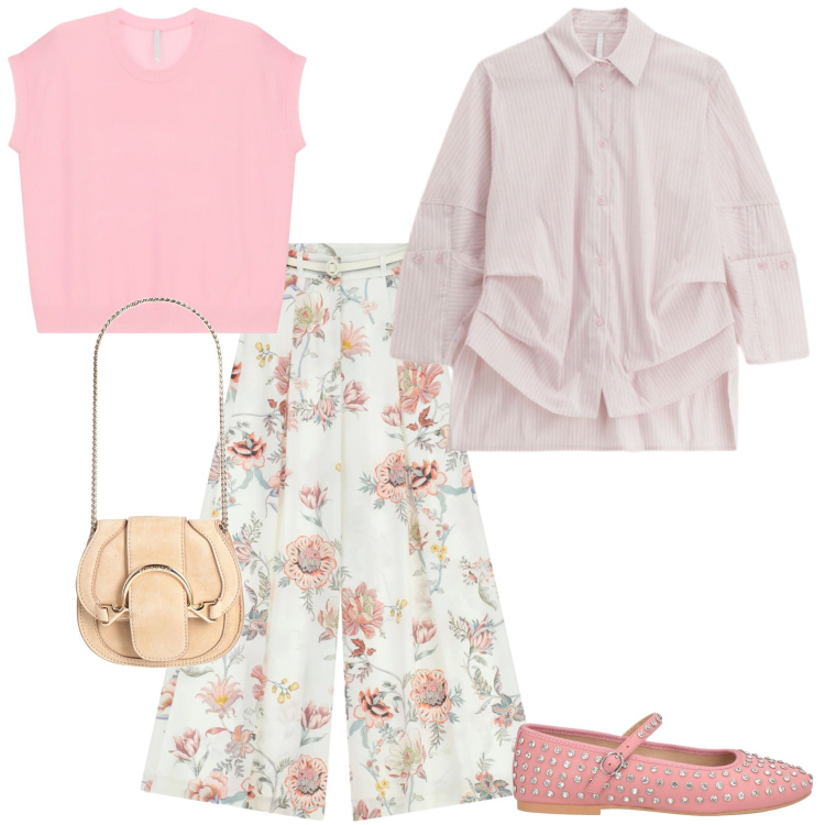 Outfit donna - Stampe che raccontano. Stile Casual chic per Ufficio. Abbinamento con marsupi, ballerine, top, pantaloni a palazzo, camicie.