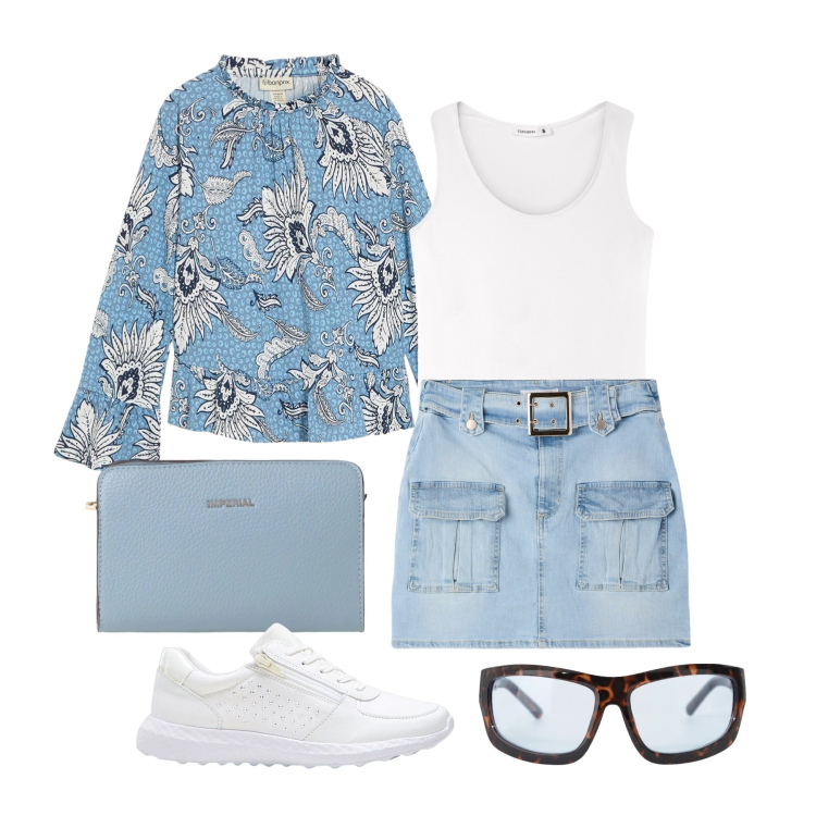 Outfit donna - Maggio. Stile Trendy per Tutti i giorni. Abbinamento con sneakers, bluse, minigonne, top, occhiali da sole, borse a tracolla.