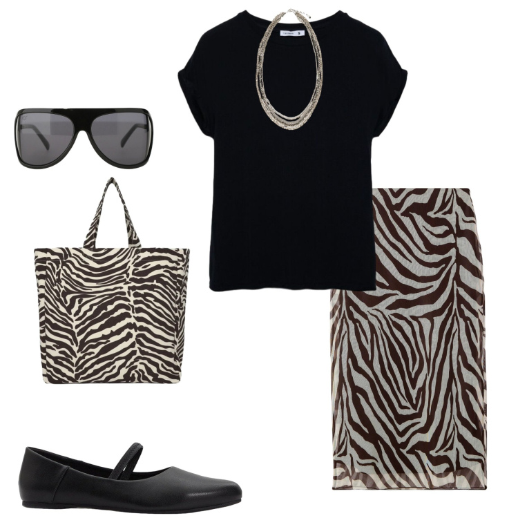 Outfit donna - Stampe che raccontano. Stile Casual chic per Ufficio. Abbinamento con ballerine, gonne lunghe, t-shirt, shopping bag, occhiali da sole, collane.