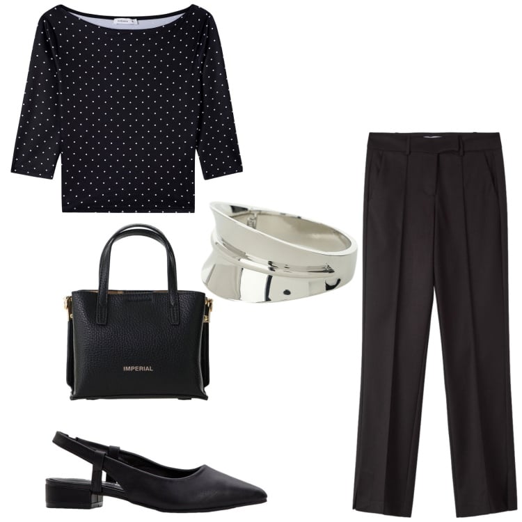 Outfit donna - Total look #2402930. Stile Casual chic per Serata fuori. Abbinamento con décolleté, pantaloni, t-shirt, borse a tracolla, braccialetti.