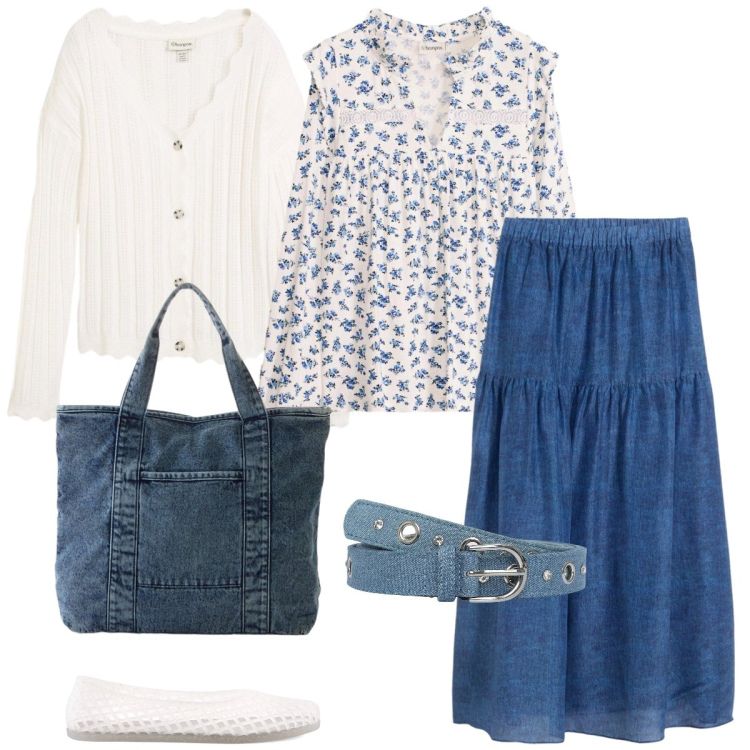 Outfit donna - Total look #2402932. Stile Boho per Tutti i giorni. Abbinamento con cardigans, shopping bag, gonne lunghe, bluse, cinture, ballerine.