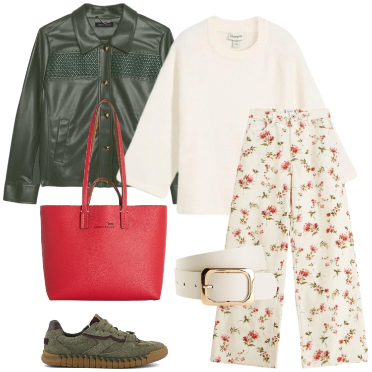 Outfit donna - Total look #2402934. Stile Casual per Tutti i giorni. Abbinamento con t-shirt, cinture, shopping bag, pantaloni a palazzo, blazer, sneakers.
