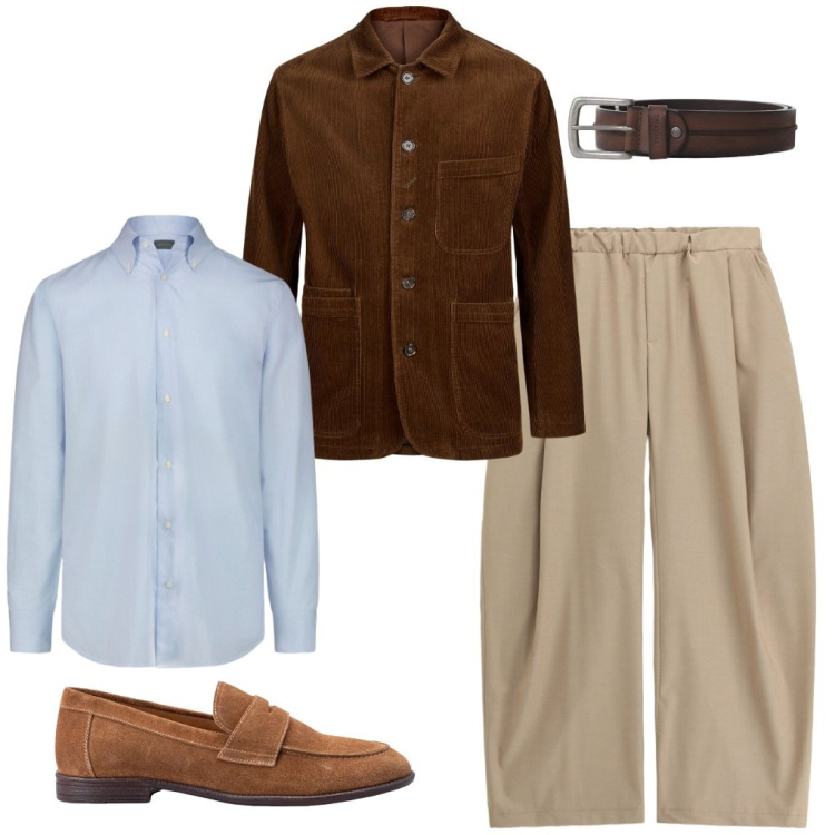 Outfit uomo - 109. Mezza stagione. Stile Casual per Ufficio. Abbinamento con cinture, pantaloni, camicie, scarpe stringate, giacche.