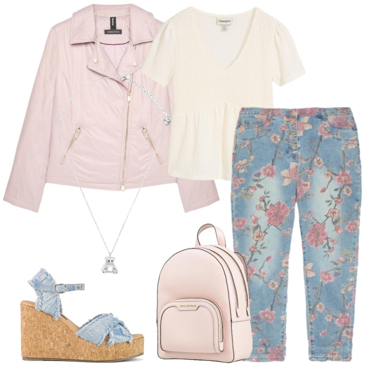 Outfit donna - Total look #2402938. Stile Casual chic per Tutti i giorni. Abbinamento con zaini, t-shirt, jeans, piumini, ciondoli, zeppe.