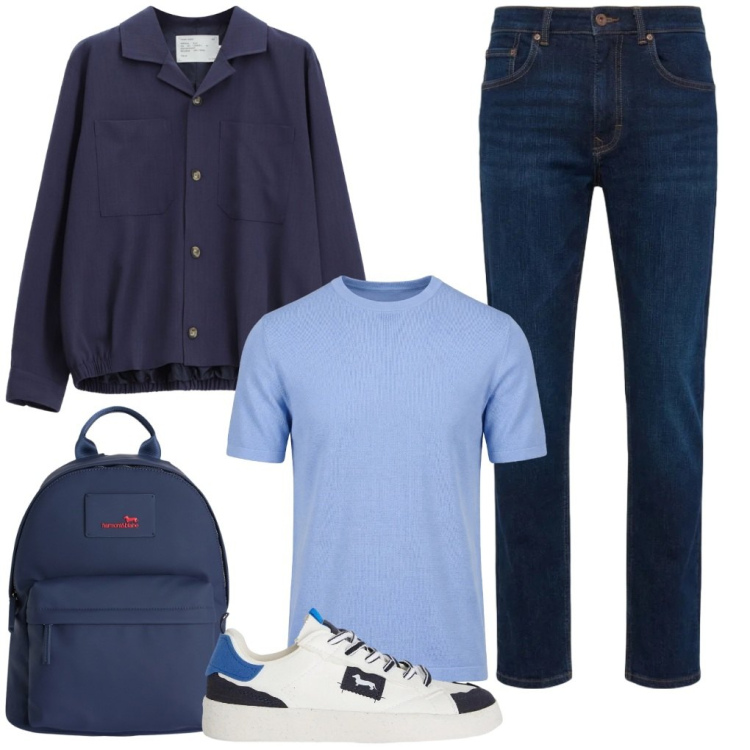 Outfit uomo - 111. Giornata blu. Stile Urban per Tutti i giorni. Abbinamento con cappotti, sneakers, borse sportive, jeans, t-shirt.