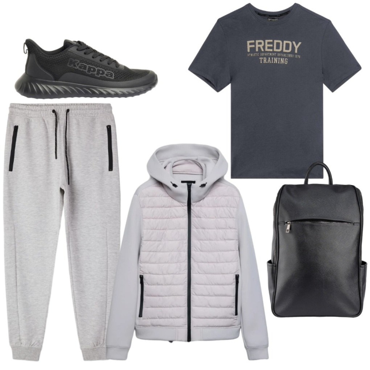 Outfit uomo - 112. Giornata grigia. Stile Urban per Tutti i giorni. Abbinamento con sneakers, giacche, pantaloni, t-shirt, borse sportive.