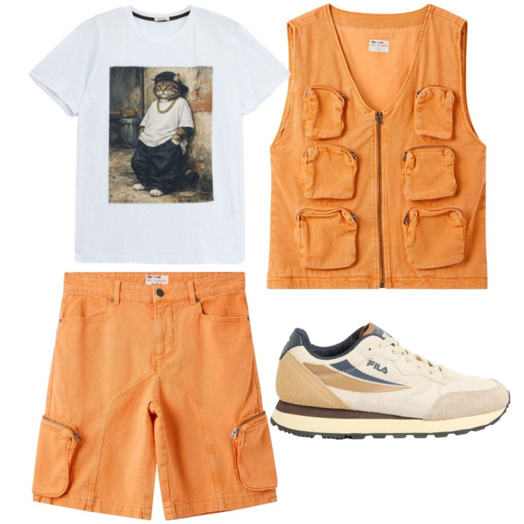 Outfit uomo - 114. Mani in tasca. Stile Urban per Tutti i giorni. Abbinamento con sneakers, gilet, pantaloni corti, t-shirt.