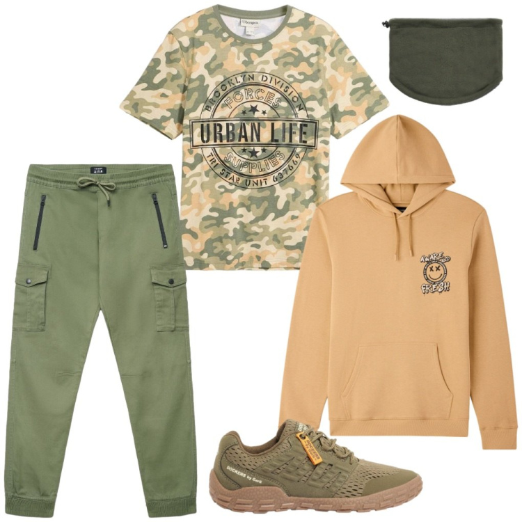 Outfit uomo - 115. Urban Life. Stile Urban per Tutti i giorni. Abbinamento con t-shirt, sneakers, felpe con cappuccio, scaldacollo, pantaloni cargo.