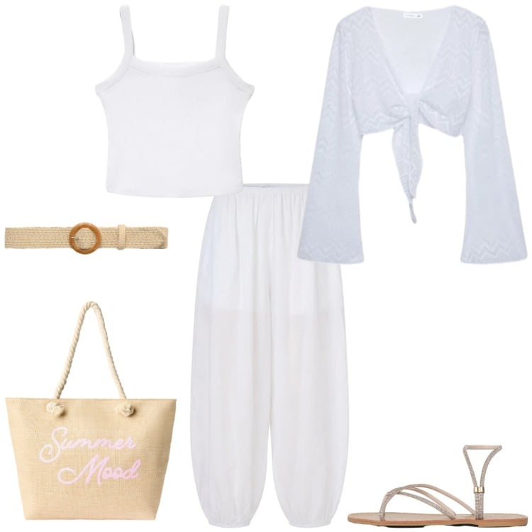 Outfit donna - Accessori ratan. Stile Boho per Tutti i giorni. Abbinamento con pantaloni, top, borse tote, canottiere, sandali, cinture.