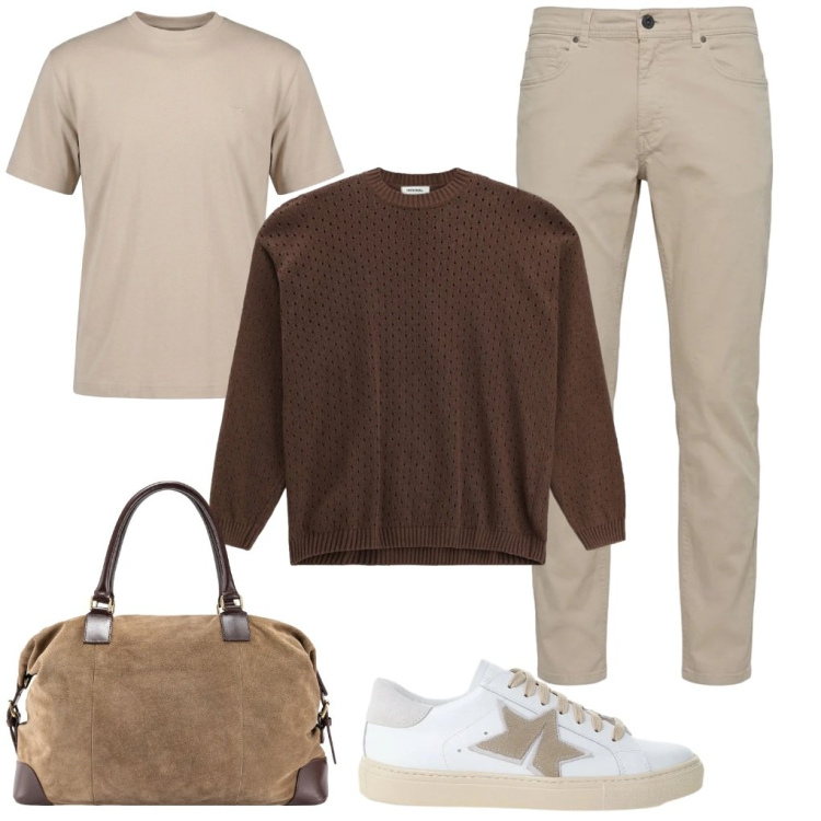 Outfit uomo - 117. Il maglione traforato. Stile Casual per Ufficio. Abbinamento con t-shirt, pantaloni, sneakers, maglieria, borse sportive.
