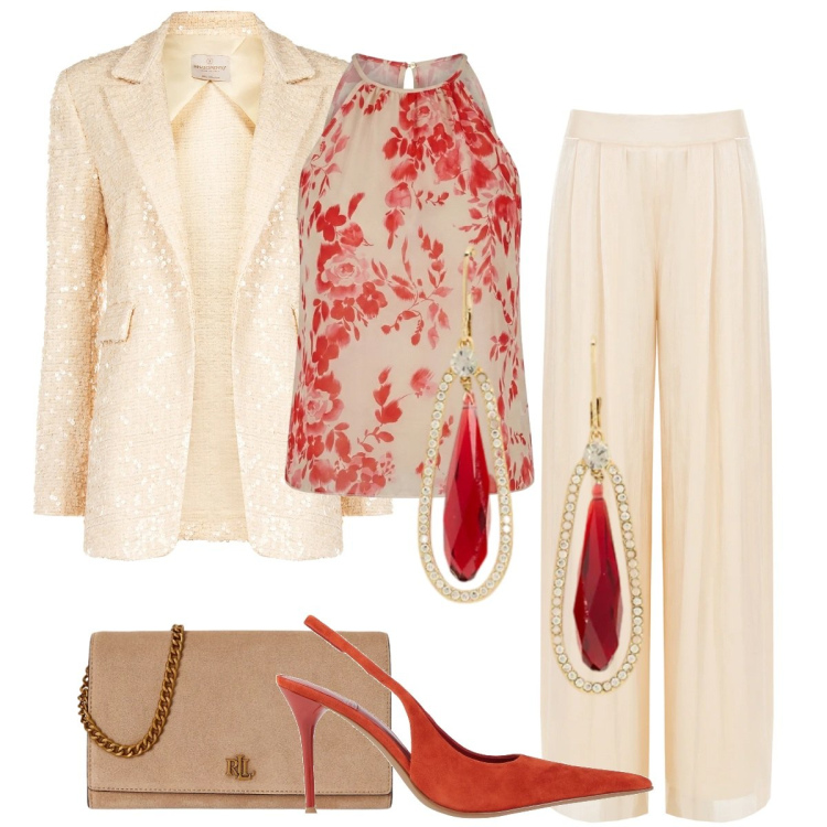 Outfit donna - L\'invitata perfetta. Stile Chic per Cerimonia. Abbinamento con décolleté, pantaloni a palazzo, canottiere, blazer, orecchini, borse a tracolla.
