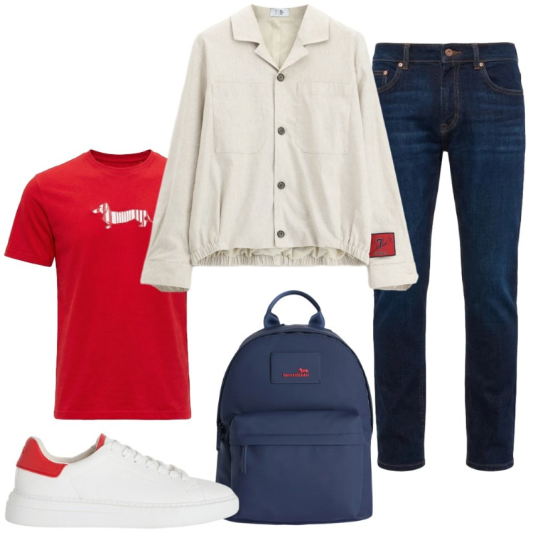 Outfit uomo - 120. A scuola. Stile Urban per Tutti i giorni. Abbinamento con cappotti, borse sportive, sneakers, jeans, t-shirt.