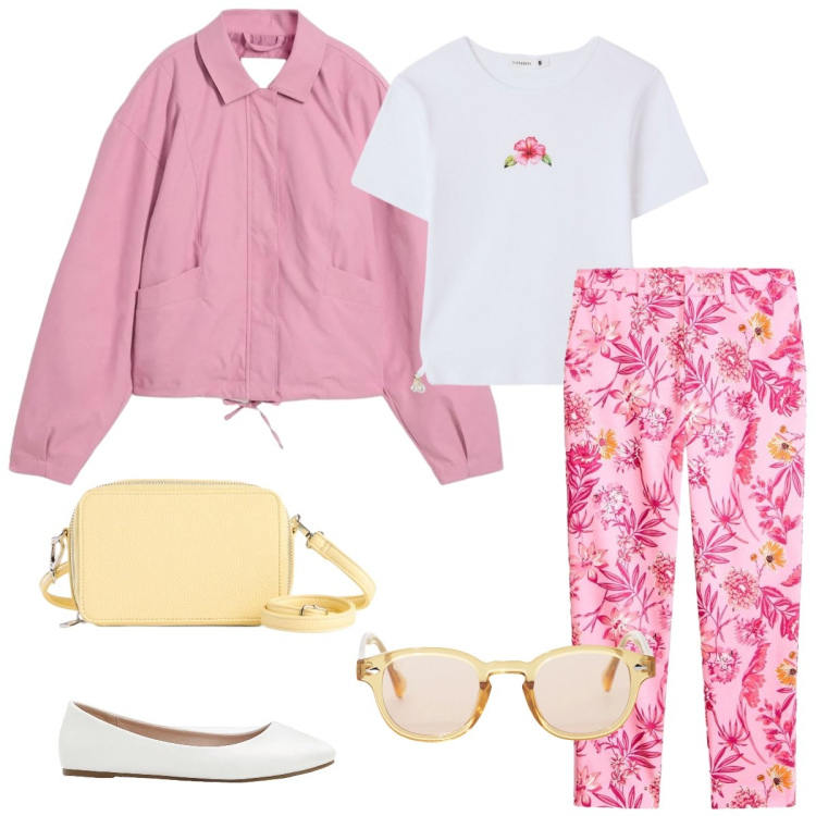 Outfit donna - Total look #2402956. Stile Casual chic per Tutti i giorni. Abbinamento con ballerine, bomber, borse a tracolla, pantaloni, t-shirt, occhiali da sole.