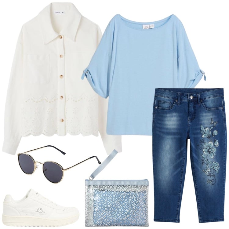 Outfit donna - Total look #2402961. Stile Casual chic per Tutti i giorni. Abbinamento con t-shirt, jeans, sneakers, occhiali da sole, cappotti, pochette.