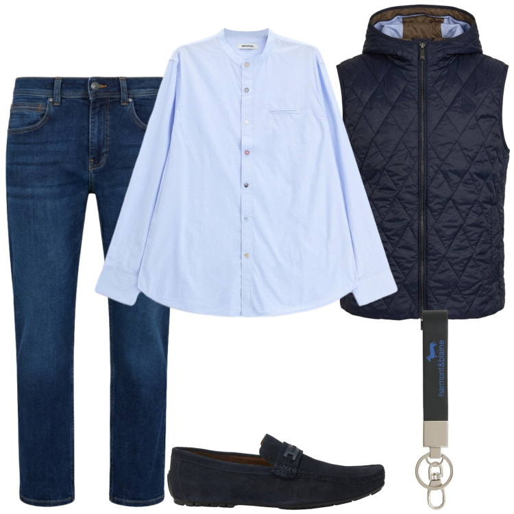 Outfit uomo - Total look #2402962. Stile Casual per Tutti i giorni. Abbinamento con camicie, portachiavi, scarpe stringate, jeans dritti, piumini.