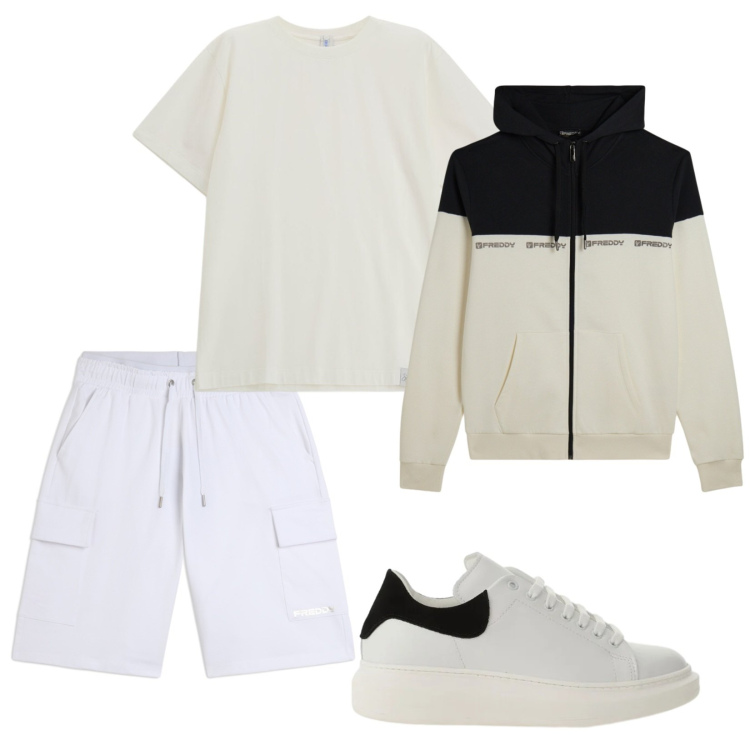 Outfit uomo - Total look #2402966. Stile Casual per Sport. Abbinamento con sneakers, t-shirt, felpe con cappuccio, bermuda.
