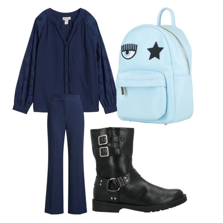 Outfit donna - Maggio libero ed energico. Stile Minimal per Scuola/Università. Abbinamento con stivaletti, zaini, tuniche, pantaloni a palazzo.