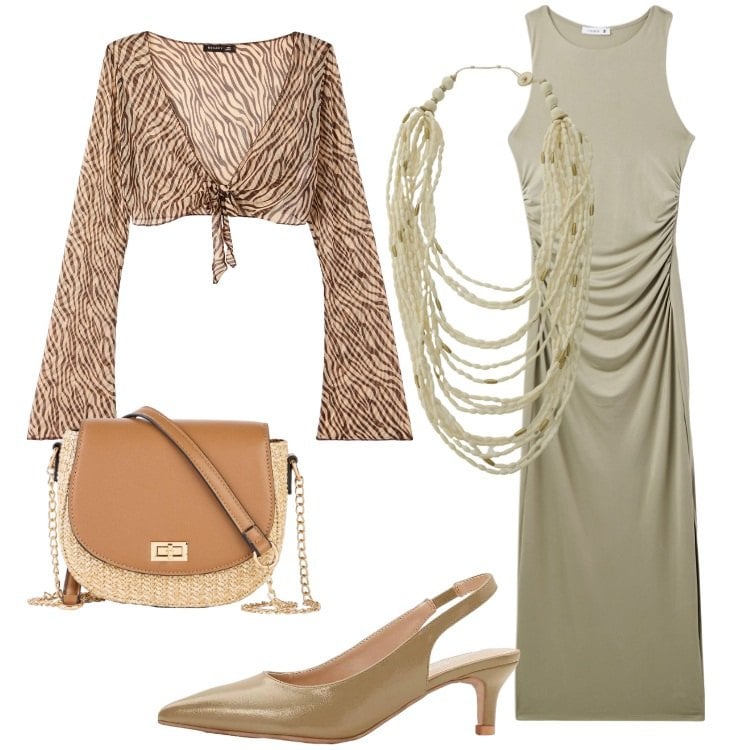 Outfit donna - Abito lungo per la cerimonia. Stile Etnico per Cerimonia. Abbinamento con décolleté, borse a tracolla, vestiti lunghi, blazer, collane.